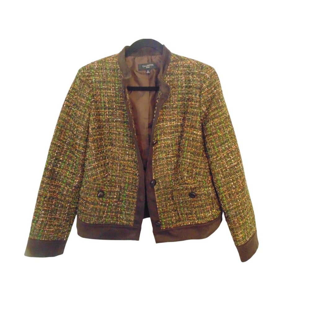 Talbots Brown Orange Fall Tone Tweed Blazer Jacket Size 8P Velvet Trim